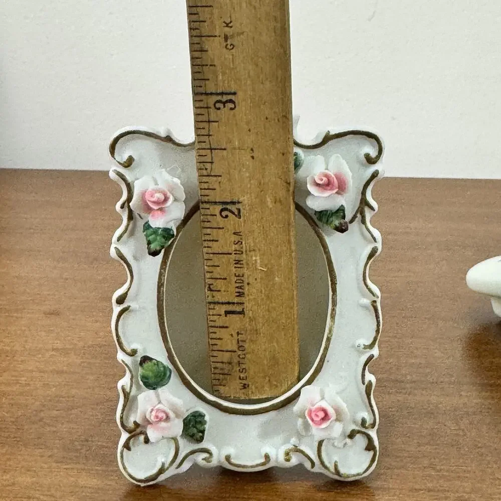 Vintage Lefton Porcelain Small Picture Frame White With Pink Raised Flowers